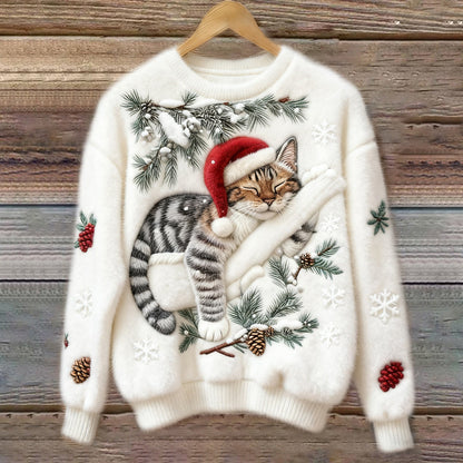 Nettie Christmas Cat Crew Neck Sweater - White