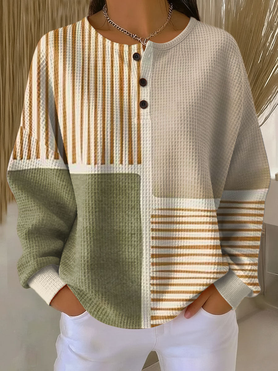 Nicola Colorblock Waffle Knit Sweater - Sage and Mustard Colorblock