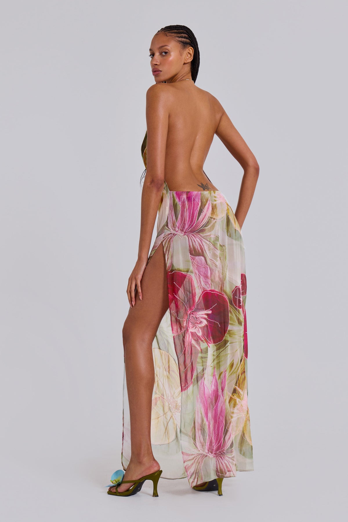 Nika Backless Chiffon Halter Maxi Dress - Blush and Sage Floral