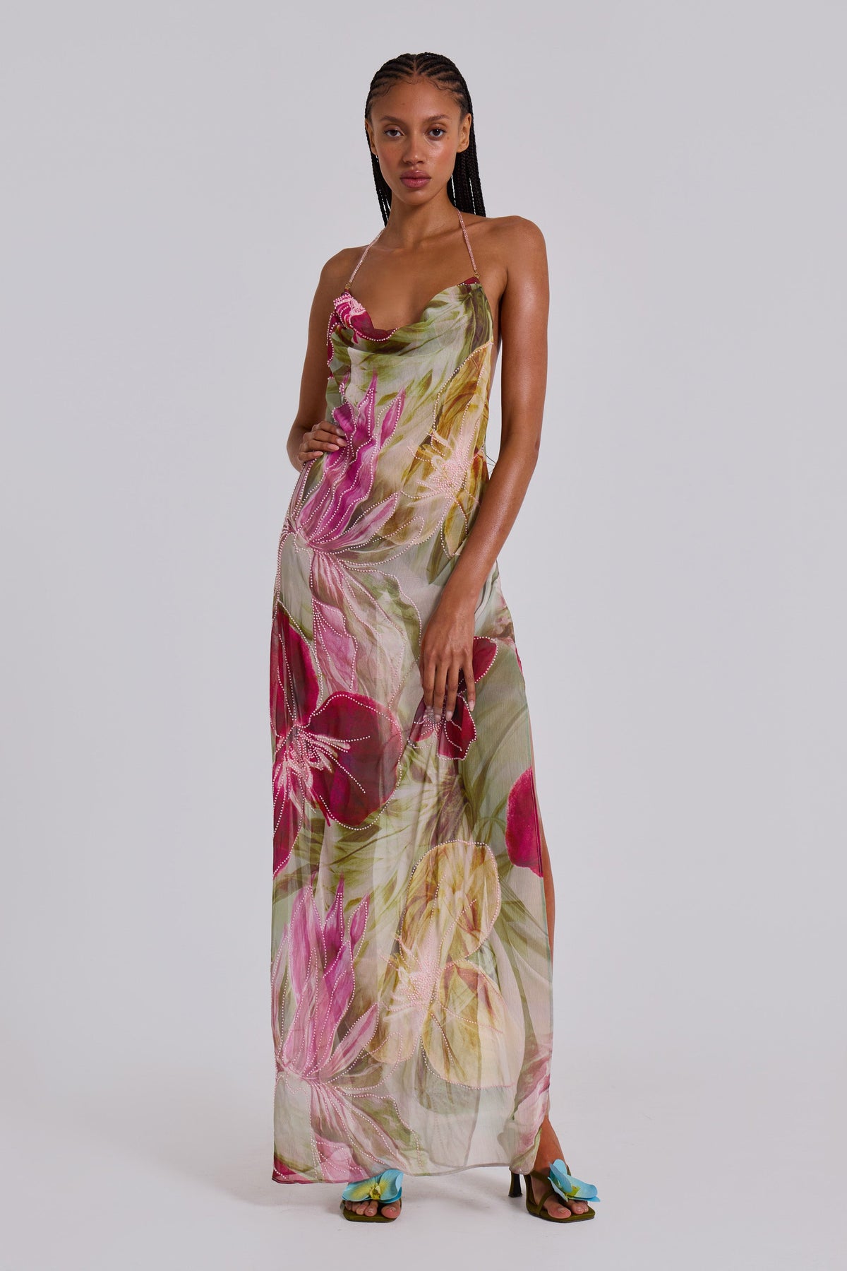 Nika Backless Chiffon Halter Maxi Dress - Blush and Sage Floral