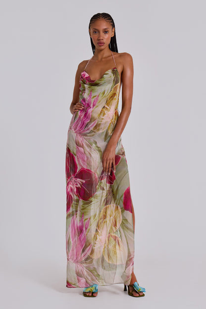 Nika Backless Chiffon Halter Maxi Dress - Blush and Sage Floral