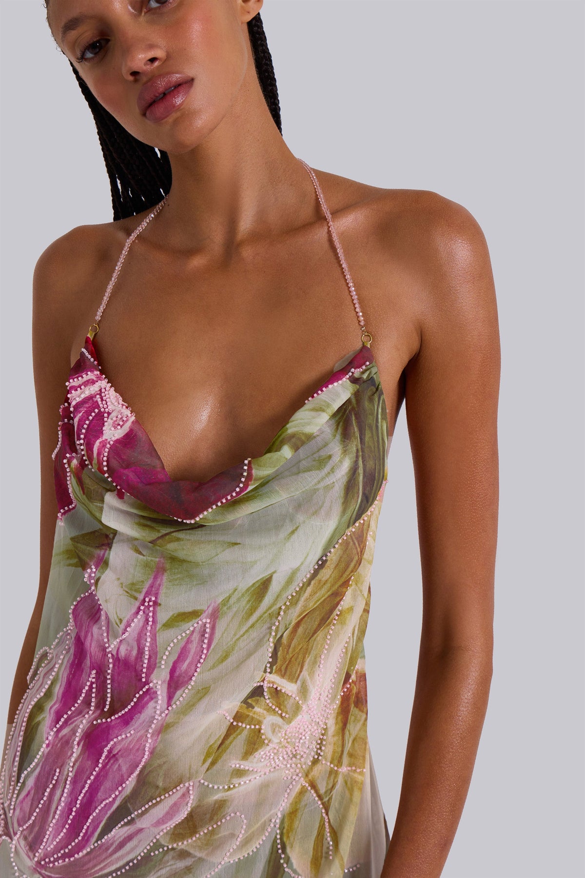 Nika Backless Chiffon Halter Maxi Dress - Blush and Sage Floral