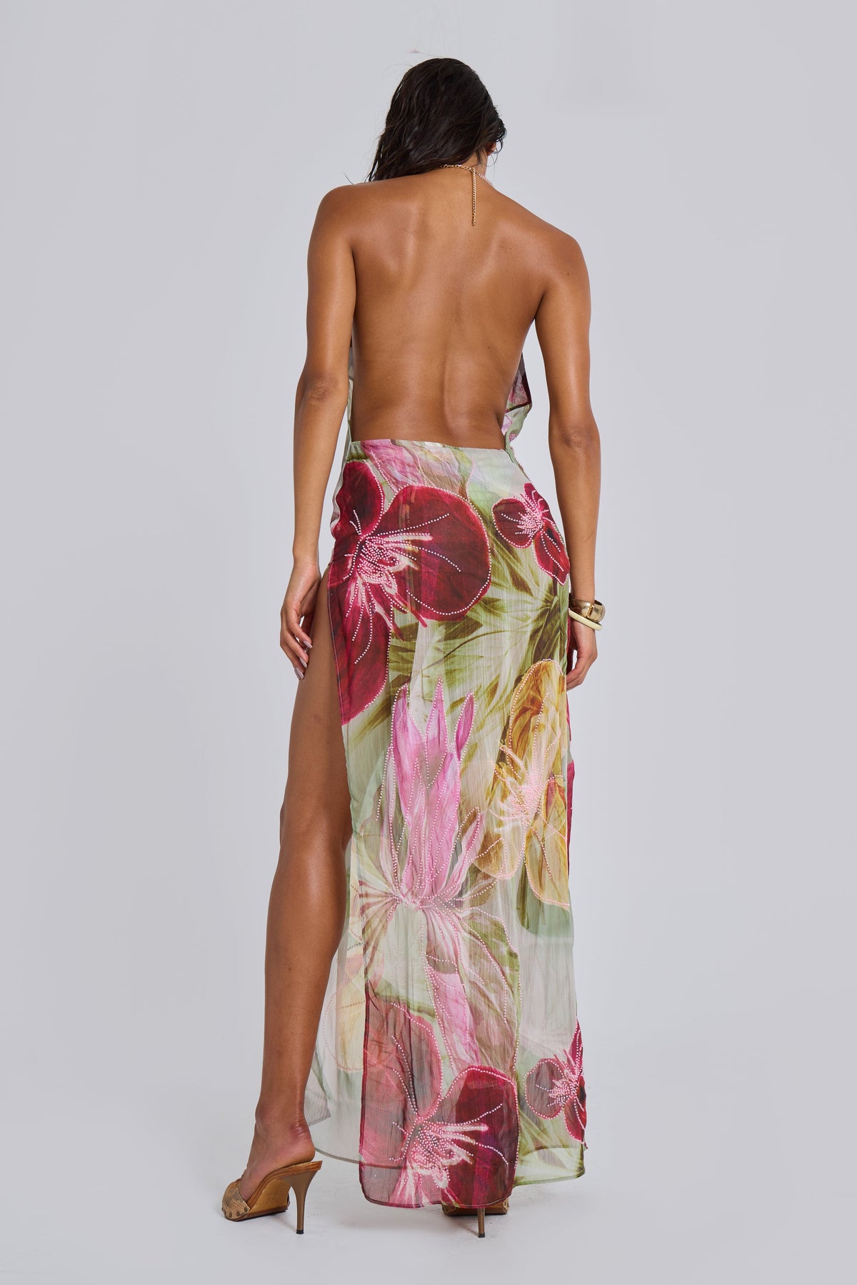 Nika Backless Chiffon Halter Maxi Dress - Blush and Sage Floral