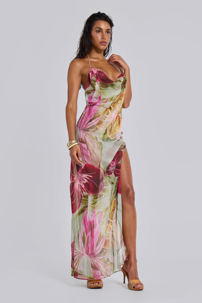 Nika Backless Chiffon Halter Maxi Dress - Blush and Sage Floral