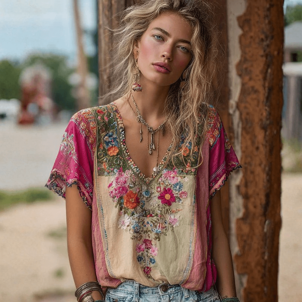 Nila Embroidered V-Neck Boho Top - Pink and Cream Floral