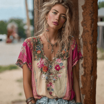 Nila Embroidered V-Neck Boho Top - Pink and Cream Floral