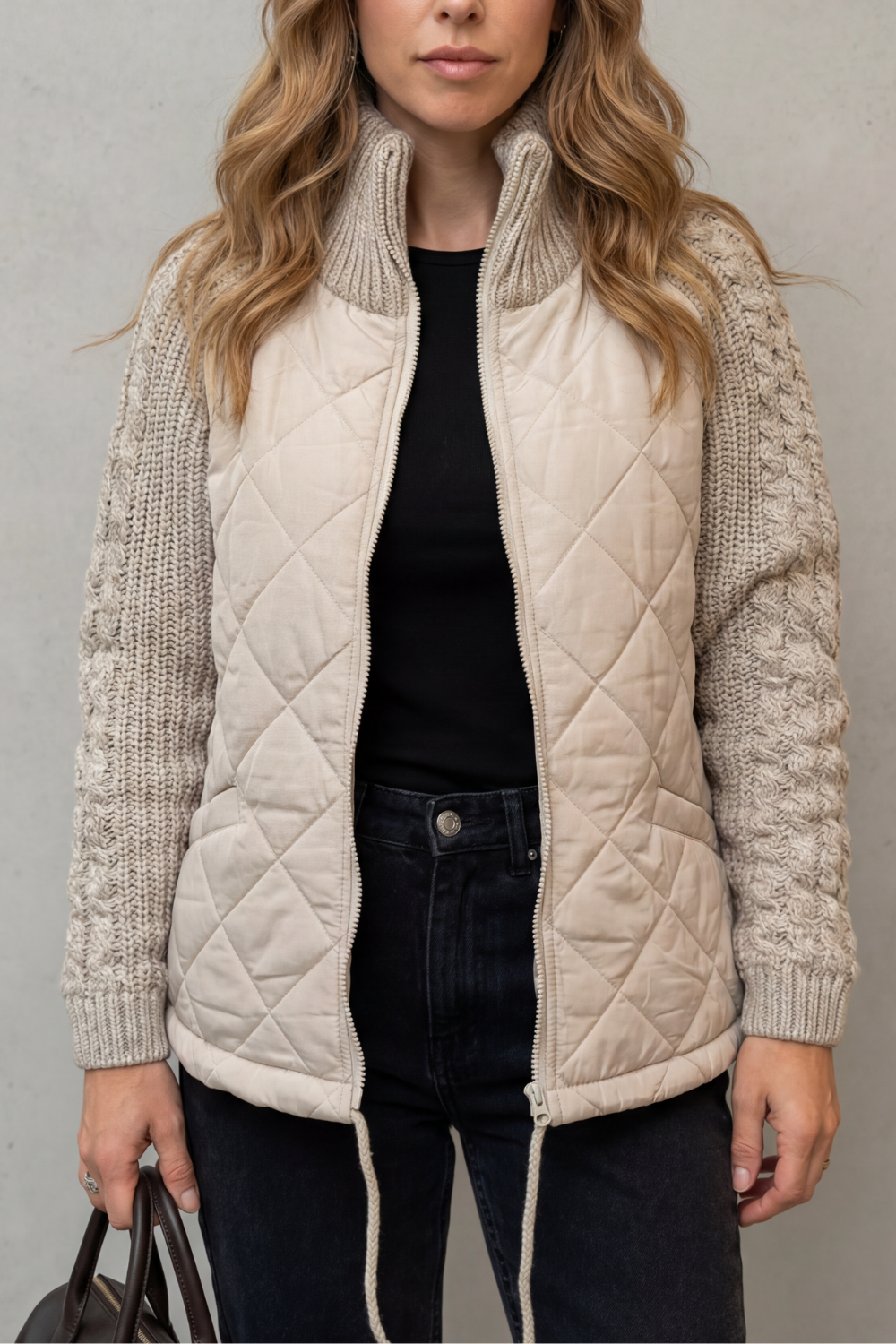 Norcetta Quilted Cable Knit Sleeve Zip Up Jacket