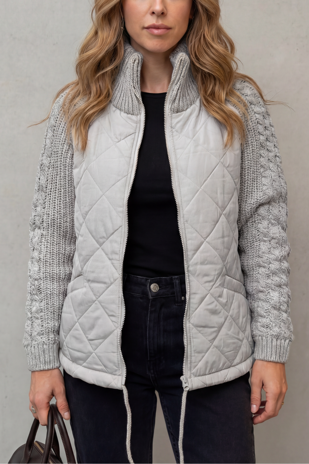 Norcetta Quilted Cable Knit Sleeve Zip Up Jacket