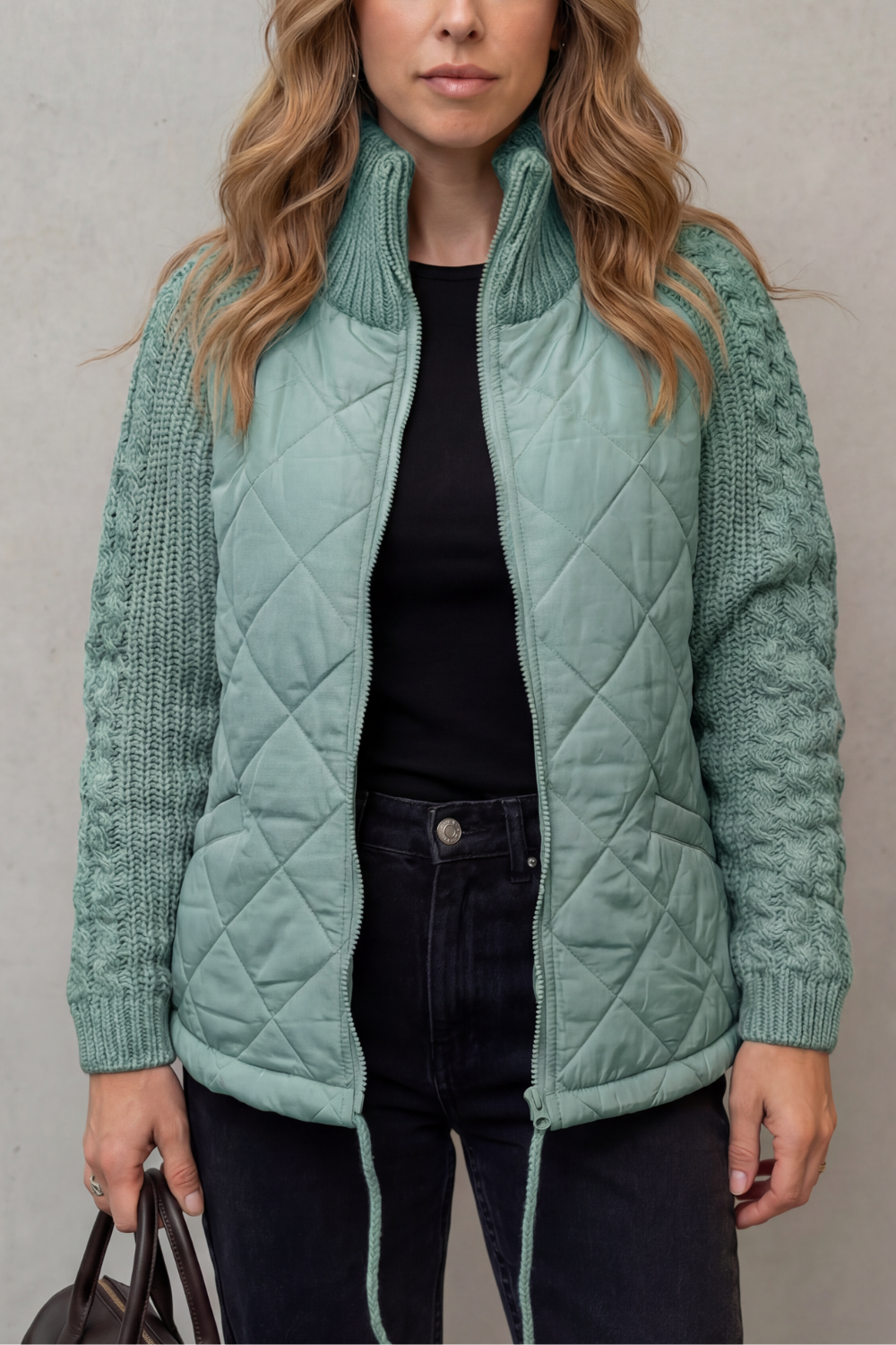 Norcetta Quilted Cable Knit Sleeve Zip Up Jacket