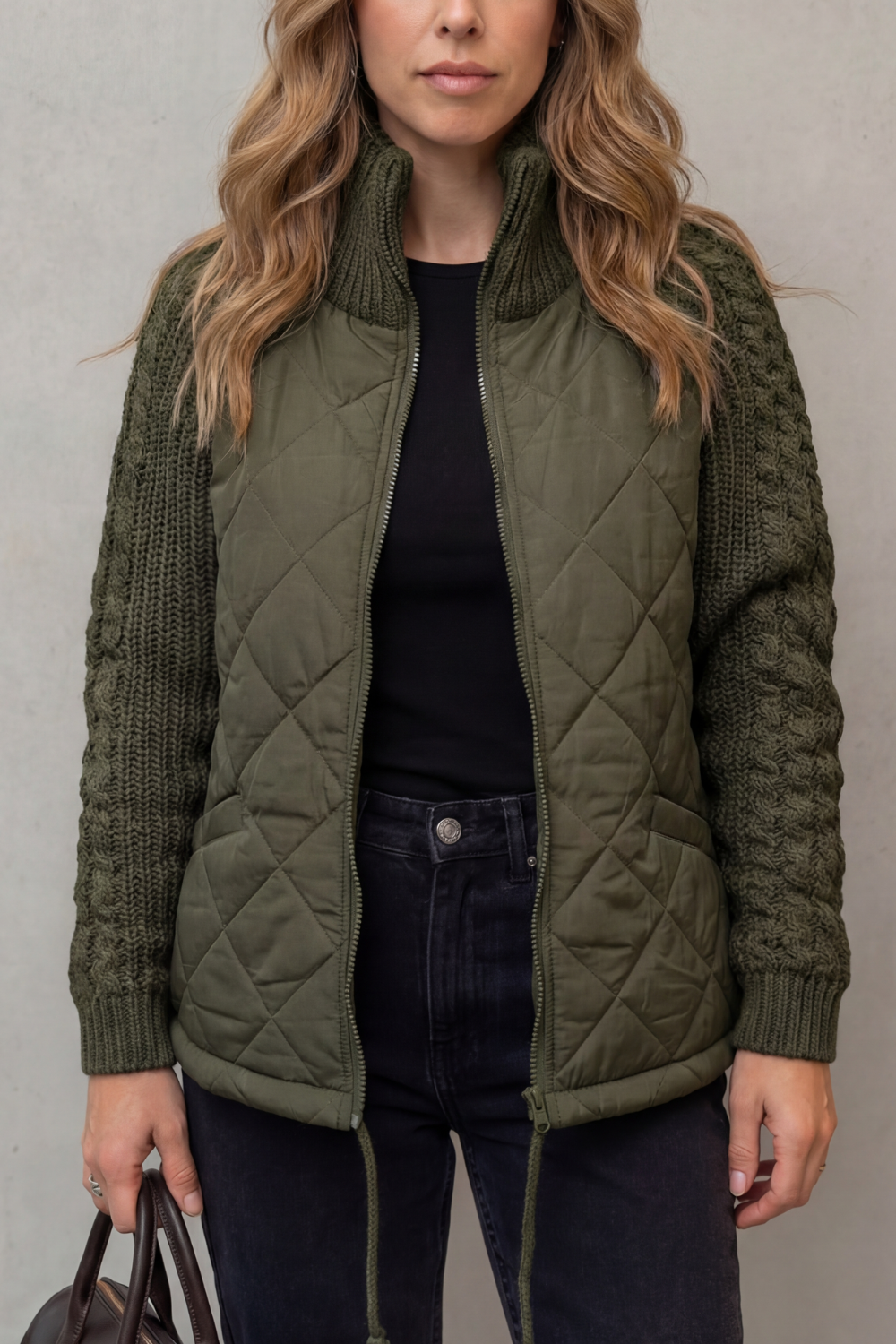 Norcetta Quilted Cable Knit Sleeve Zip Up Jacket