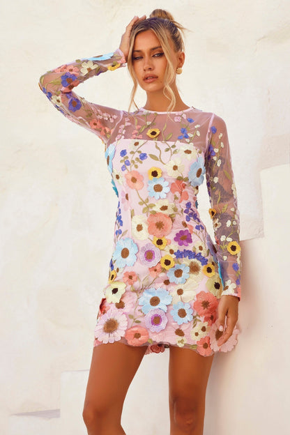 Noreen Floral Applique Mini Dress - Blush Floral