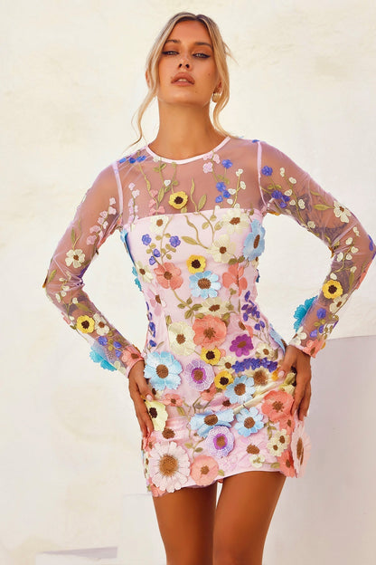 Noreen Floral Applique Mini Dress - Blush Floral