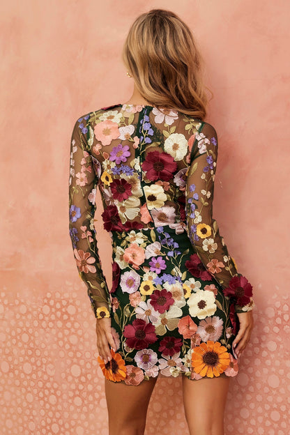 Noreen Floral Applique Mini Dress - Forest Green Floral