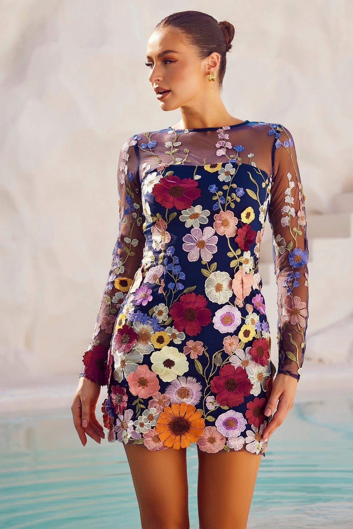 Noreen Floral Applique Mini Dress - Navy Floral