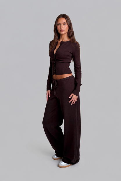 Oceane Ribbed Knit Trouser Set - Brown