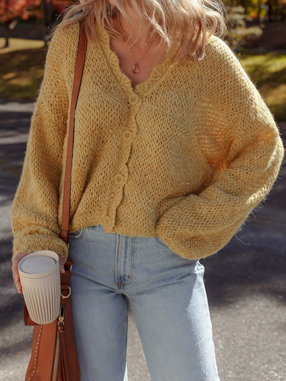 Octavie Scalloped Lantern Sleeve Cardigan - Mustard