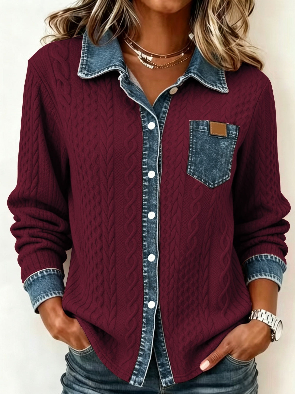 Odalia Textured Contrast Pocket Shirt - Burgundy