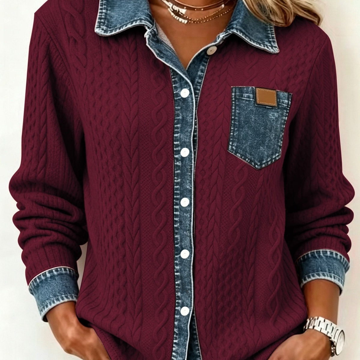 Odalia Textured Contrast Pocket Shirt - Burgundy