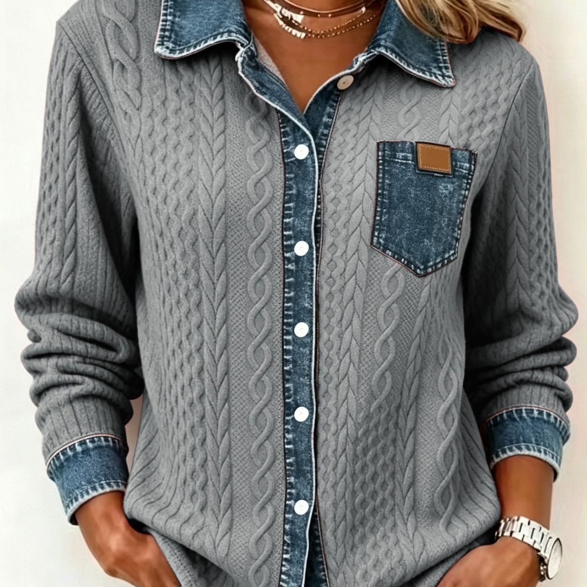 Odalia Textured Contrast Pocket Shirt - Gray