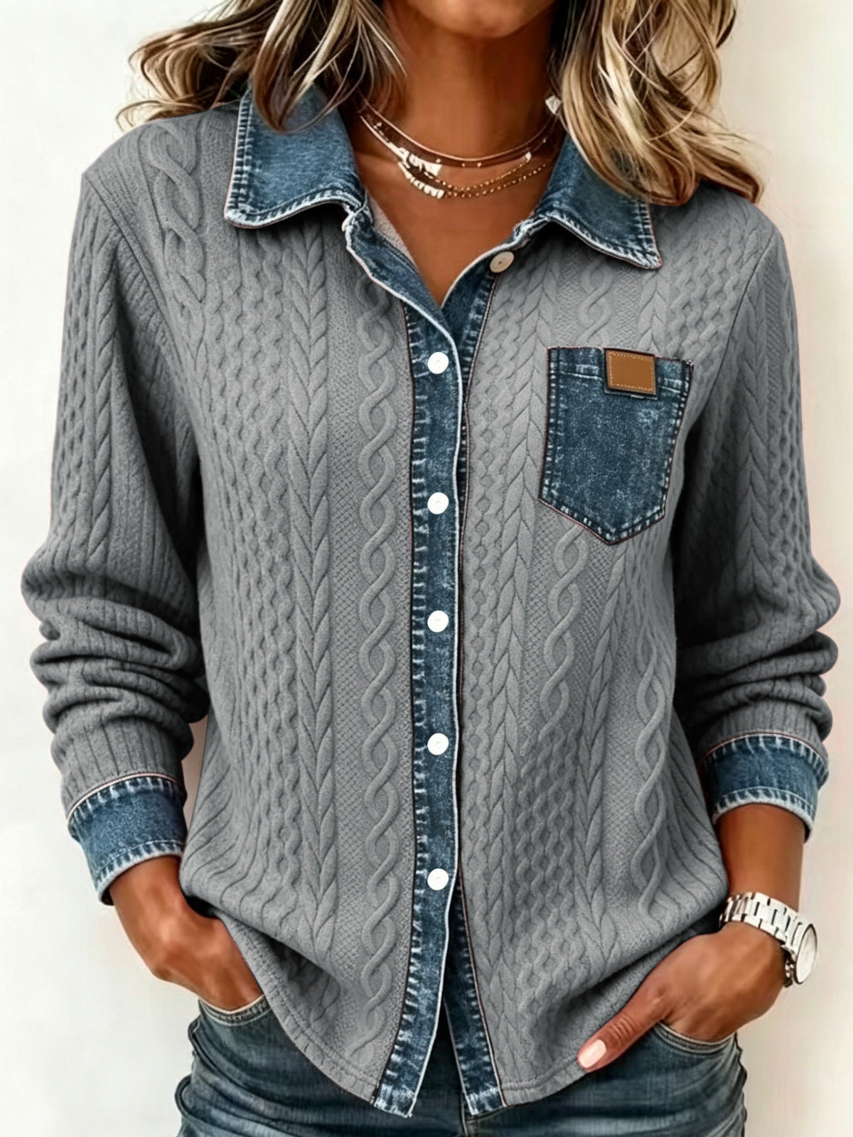 Odalia Textured Contrast Pocket Shirt - Gray