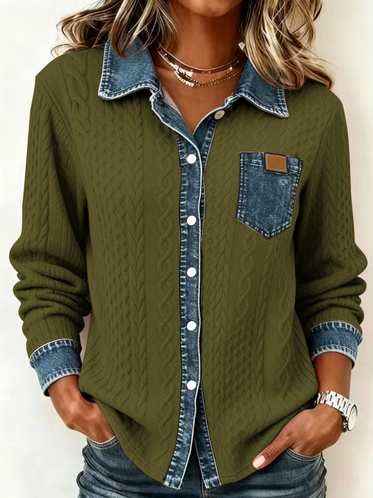 Odalia Textured Contrast Pocket Shirt - Olive Green