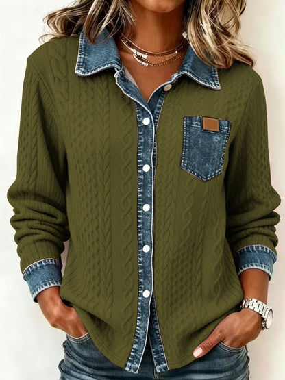 Odalia Textured Contrast Pocket Shirt - Olive Green