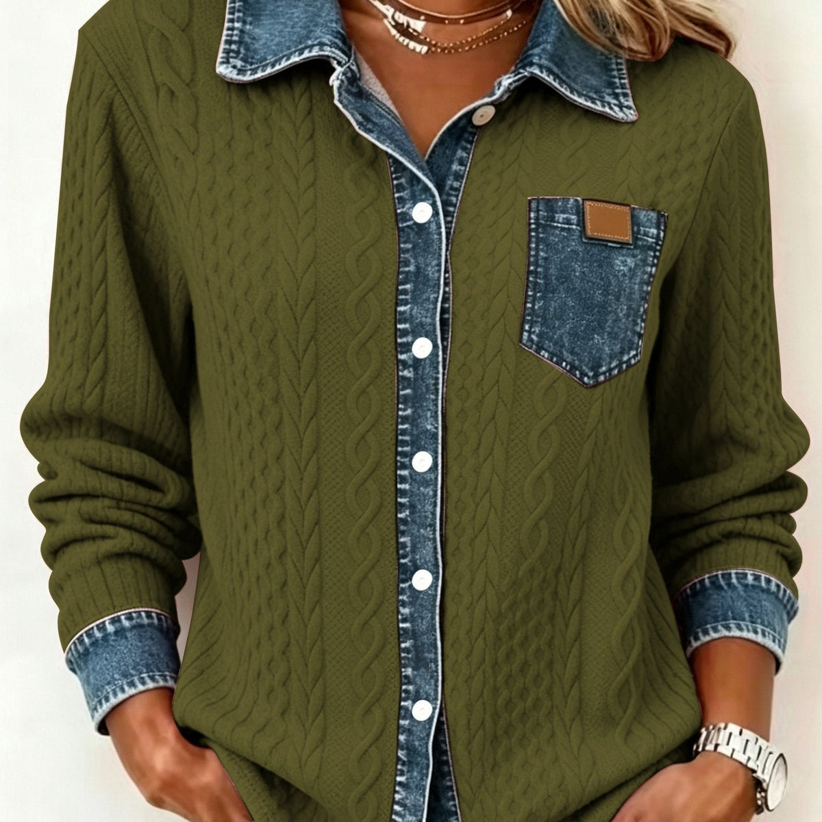 Odalia Textured Contrast Pocket Shirt - Olive Green