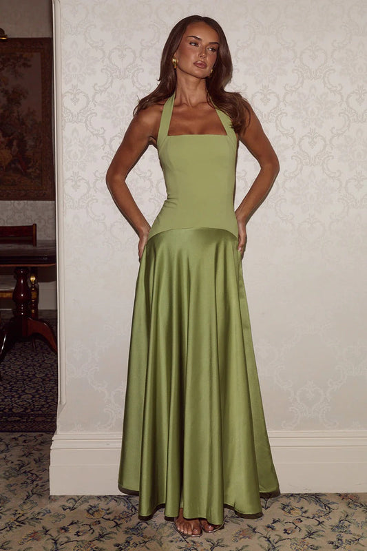 Odina Halter Maxi Dress - Olive Green
