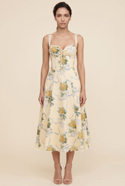 Oliana Floral Corset Midi Dress - Butter Yellow Floral