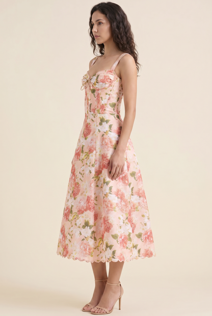 Oliana Floral Corset Midi Dress - Coral Floral
