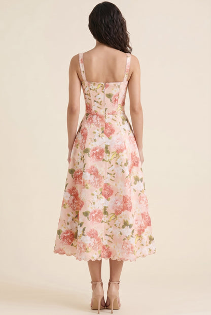 Oliana Floral Corset Midi Dress - Coral Floral