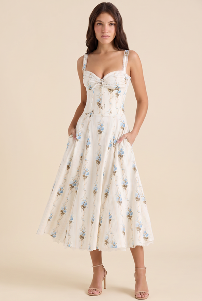 Oliana Floral Corset Midi Dress - Ivory Blue Floral