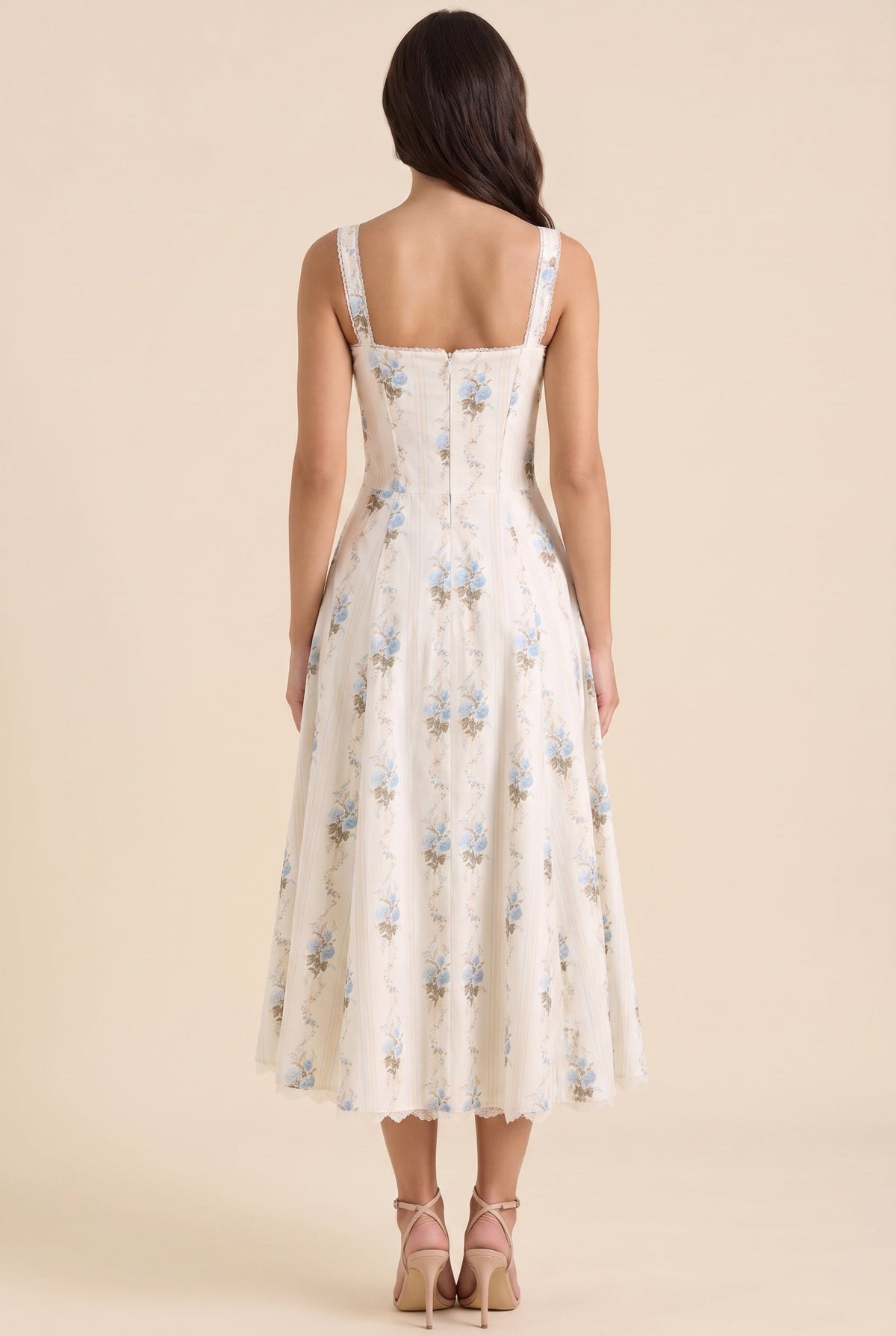 Oliana Floral Corset Midi Dress - Ivory Blue Floral
