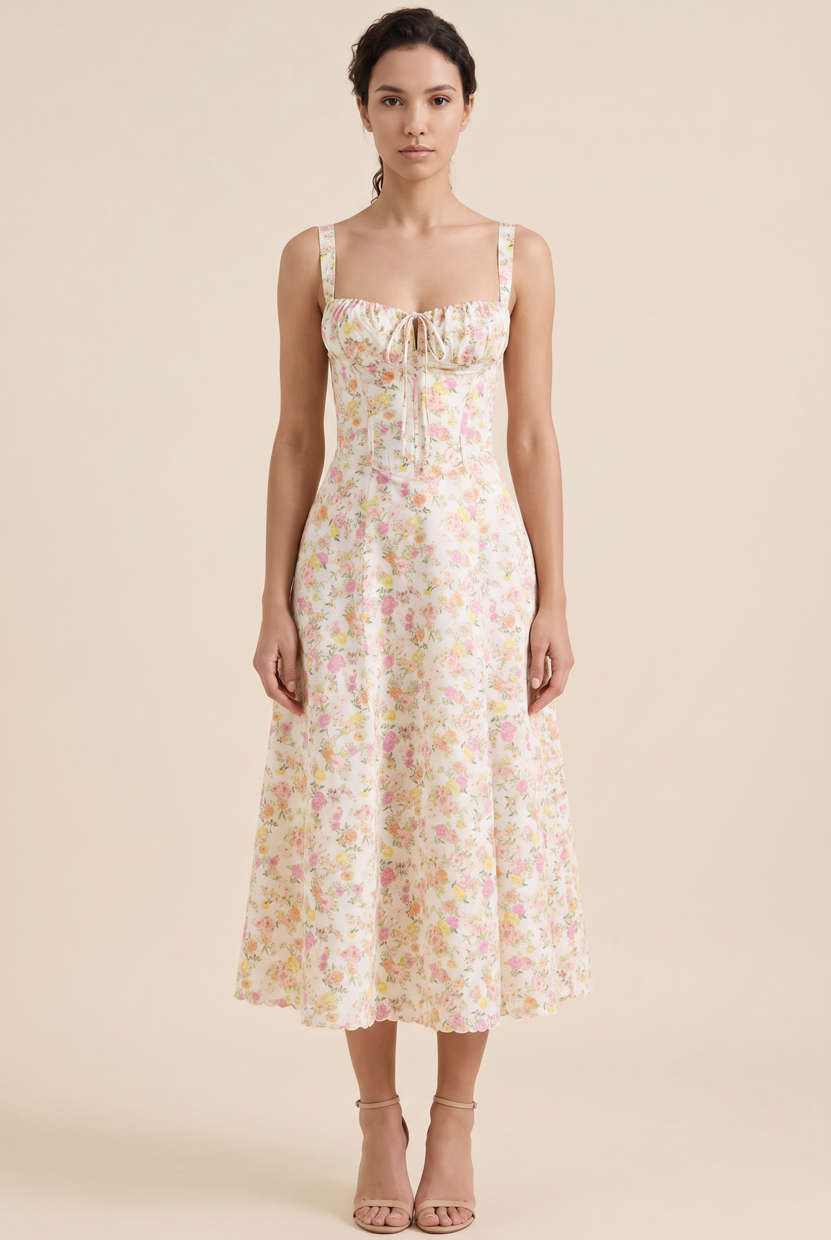 Oliana Floral Corset Midi Dress - Ivory Yellow Floral