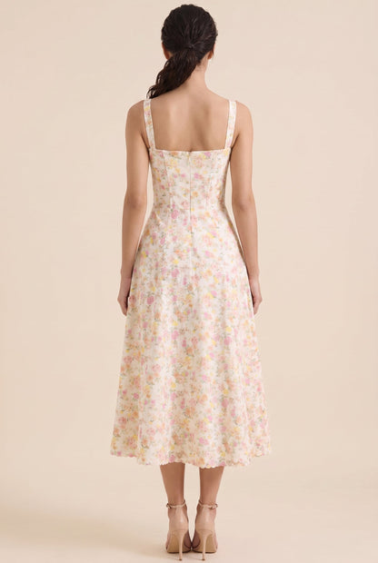 Oliana Floral Corset Midi Dress - Ivory Yellow Floral