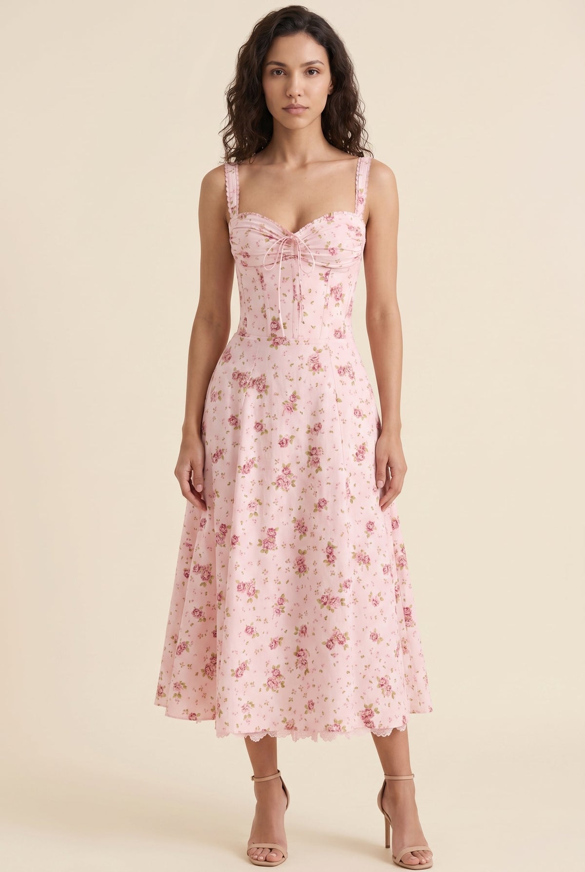 Oliana Floral Corset Midi Dress - Rose Pink Floral