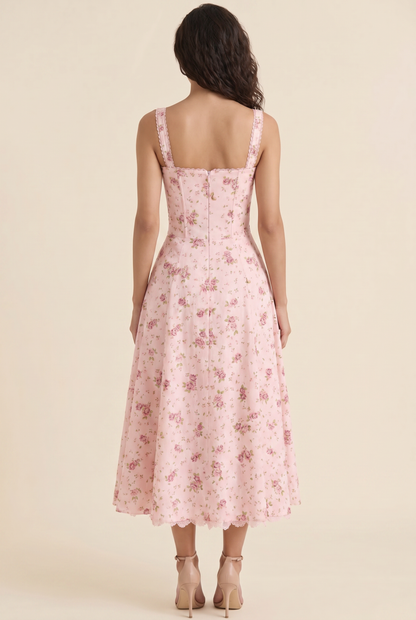 Oliana Floral Corset Midi Dress - Rose Pink Floral