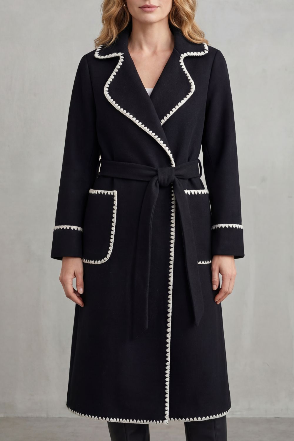 Olivia Contrast Trim Belted Longline Wrap Coat