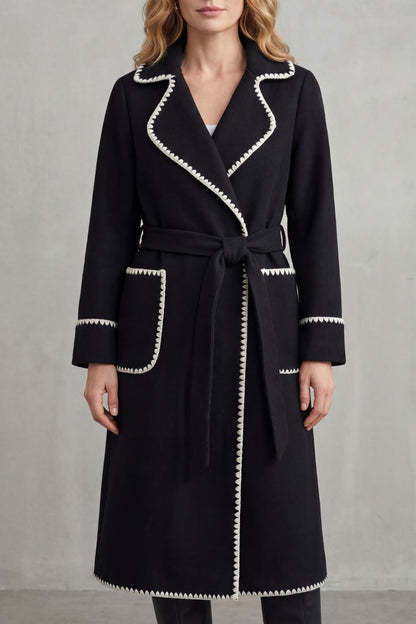 Olivia Contrast Trim Belted Longline Wrap Coat