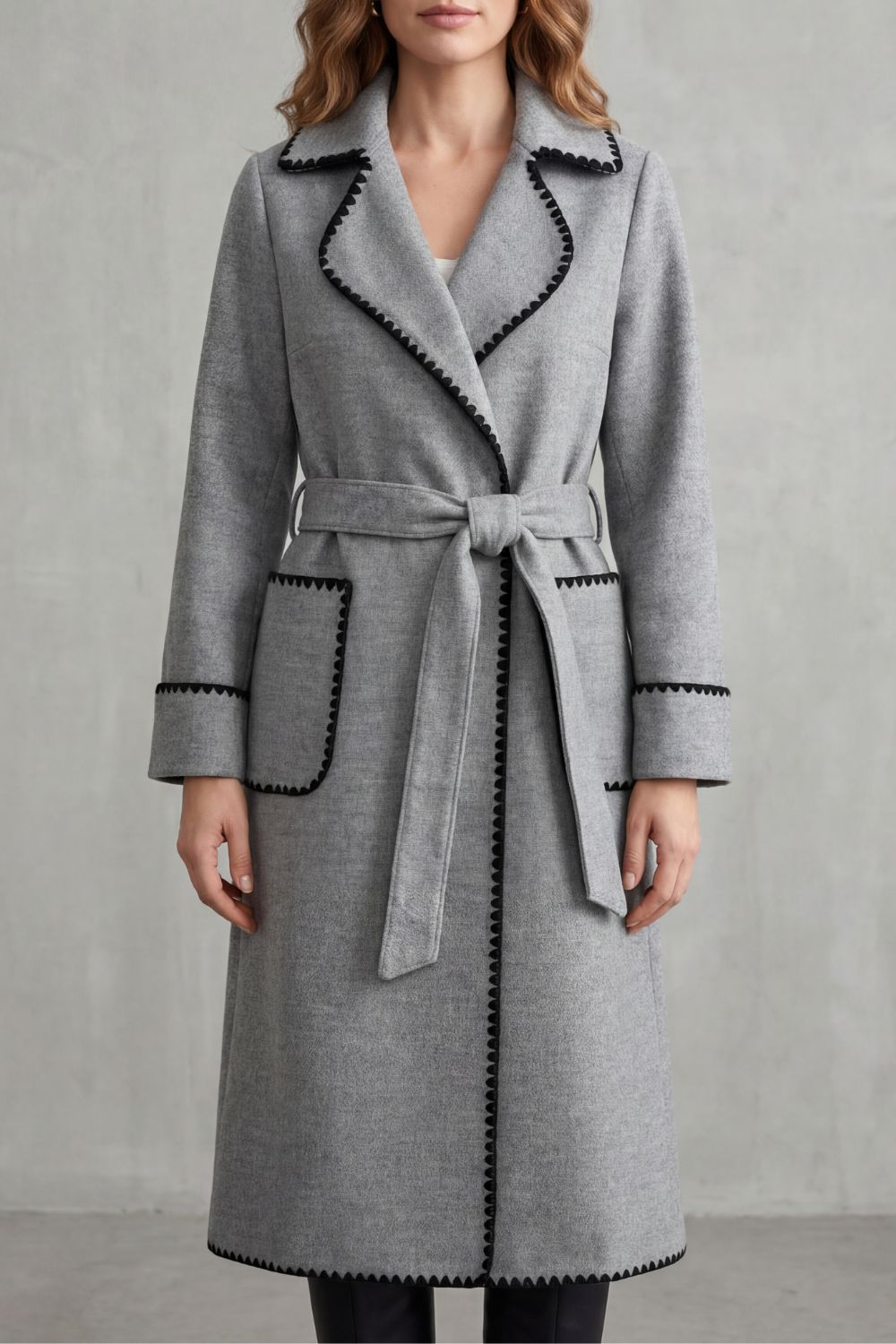 Olivia Contrast Trim Belted Longline Wrap Coat
