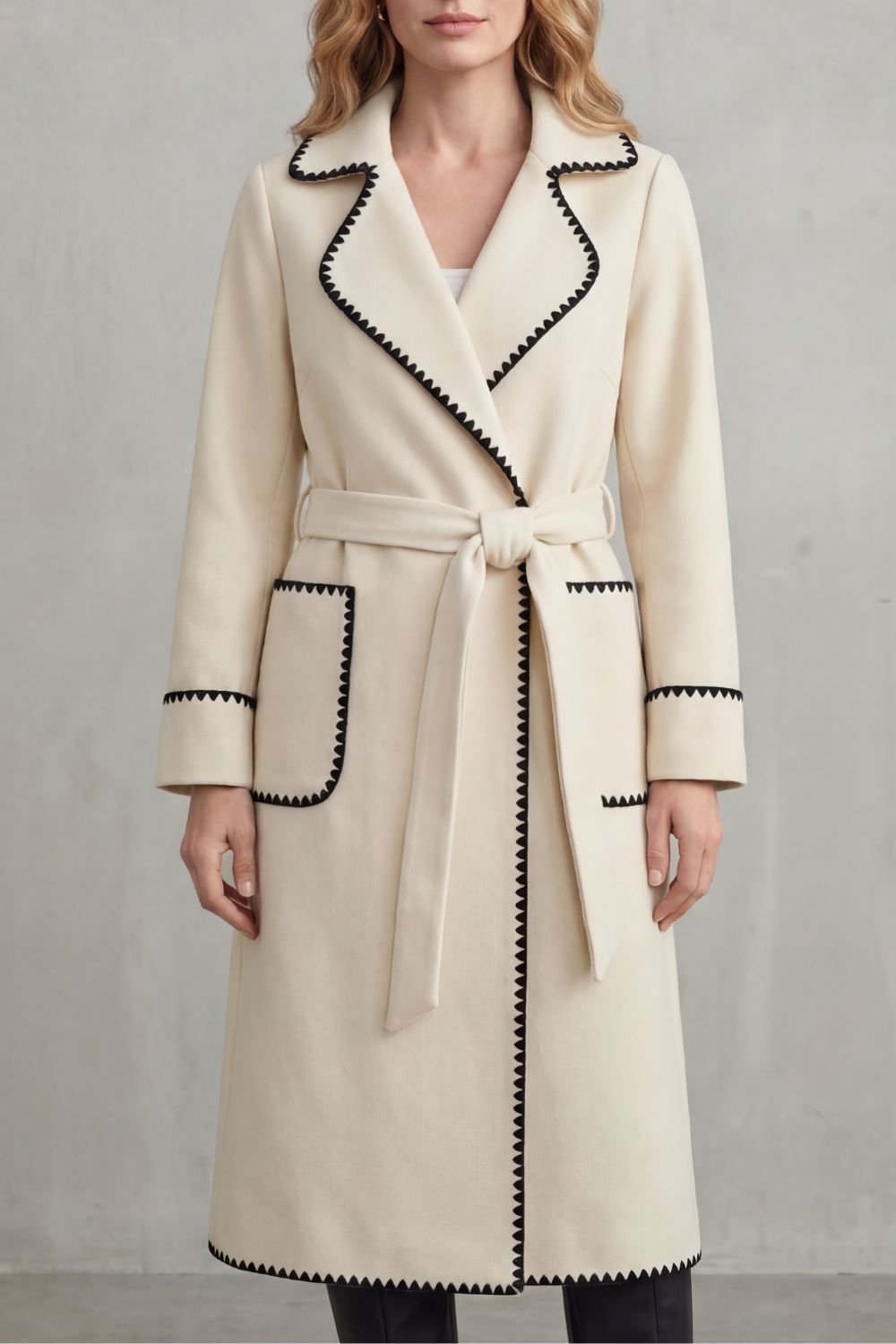 Olivia Contrast Trim Belted Longline Wrap Coat