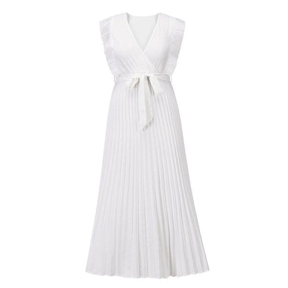 White wrap maxi dress with textured ruffle shoulders and tie waist