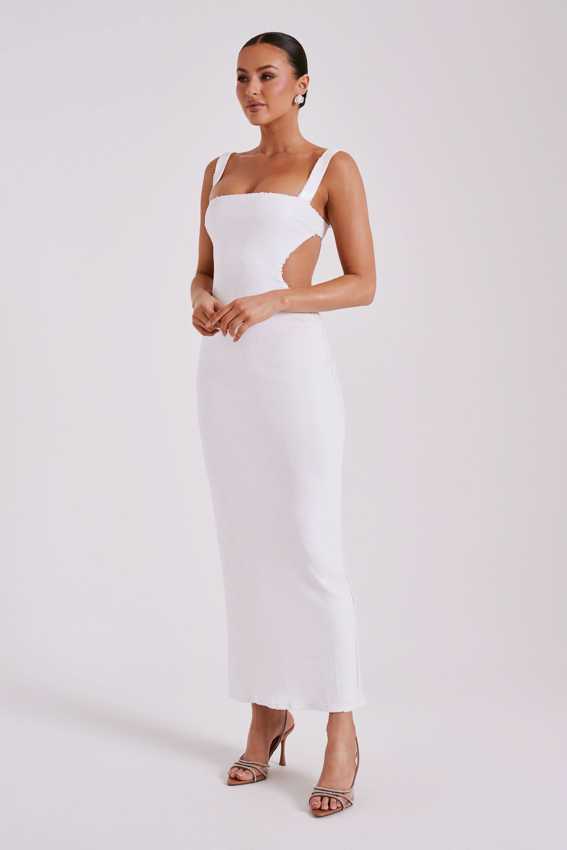 White ribbed maxi dress with square neckline and side cutout