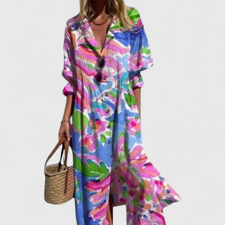 Bright multicolor floral maxi dress with pink, blue, and green blooms