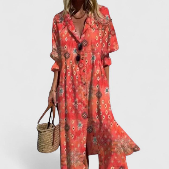 Coral red maxi dress with geometric and diamond floral print design