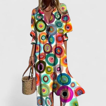 Rainbow circular floral maxi dress with bold multicolor concentric pattern