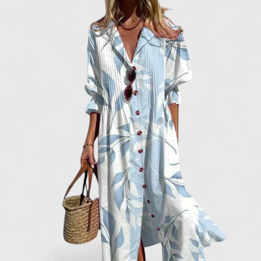 Blue and white floral maxi dress with button-front and short sleeves