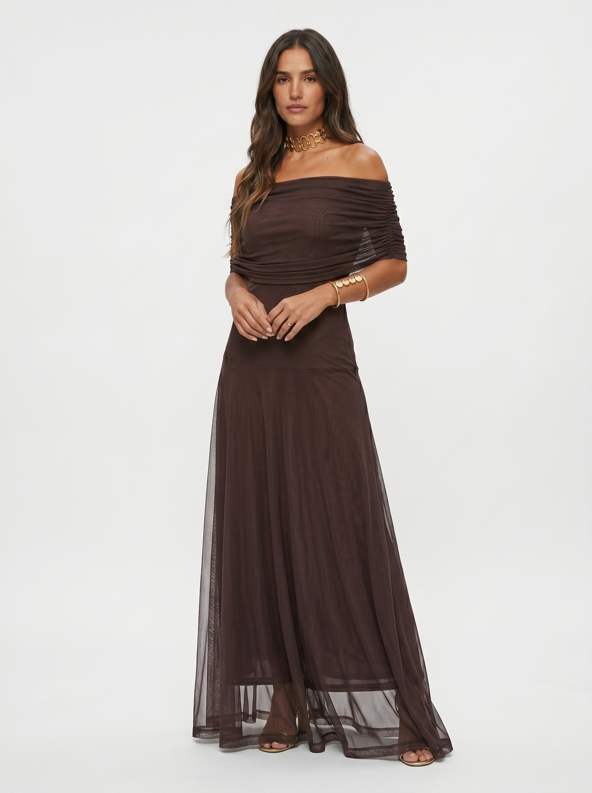 Oralie Off Shoulder Maxi Dress - Chocolate Brown