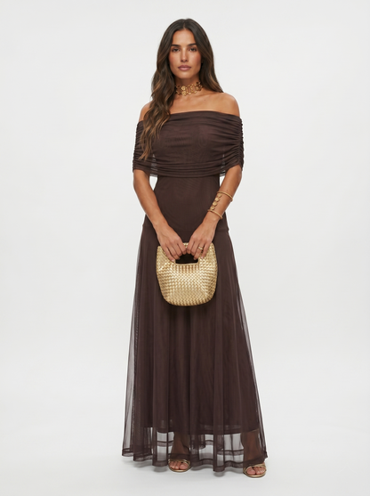 Oralie Off Shoulder Maxi Dress - Chocolate Brown
