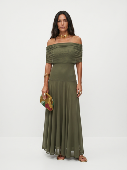 Oralie Off Shoulder Maxi Dress - Olive Green